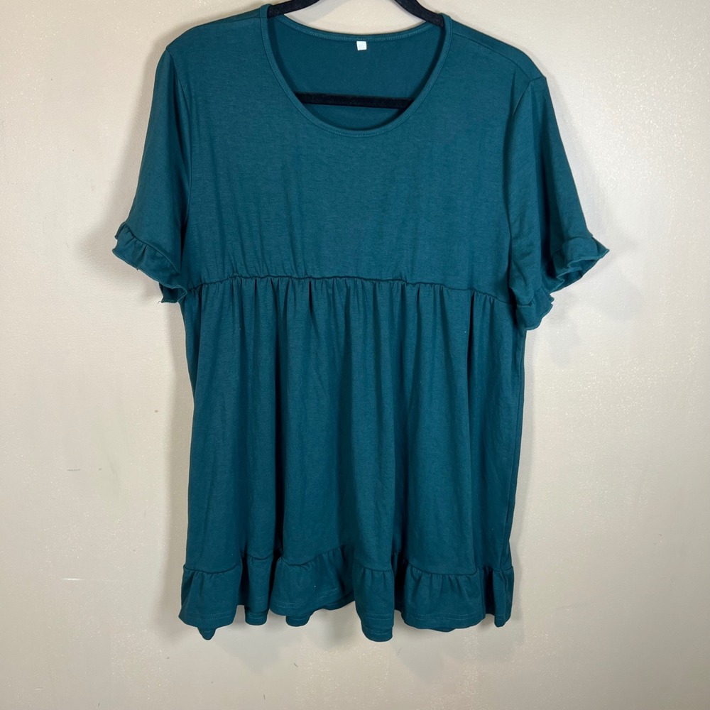 Unbranded Dark Teal Ruffle Babydoll Tunic Top XXL Short Sleeve Empire Waist